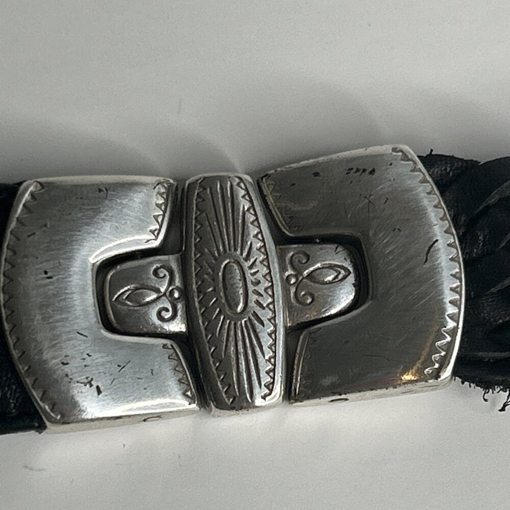 Woolrich Belt Womens Small Black Leather Braided Western Silvertone Hardware 1" - Picture 8 of 10